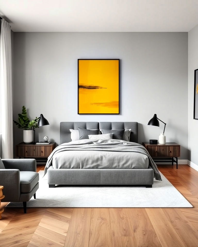 modern grey furniture with yellow wall art - 25 Yellow and Grey Bedroom Ideas