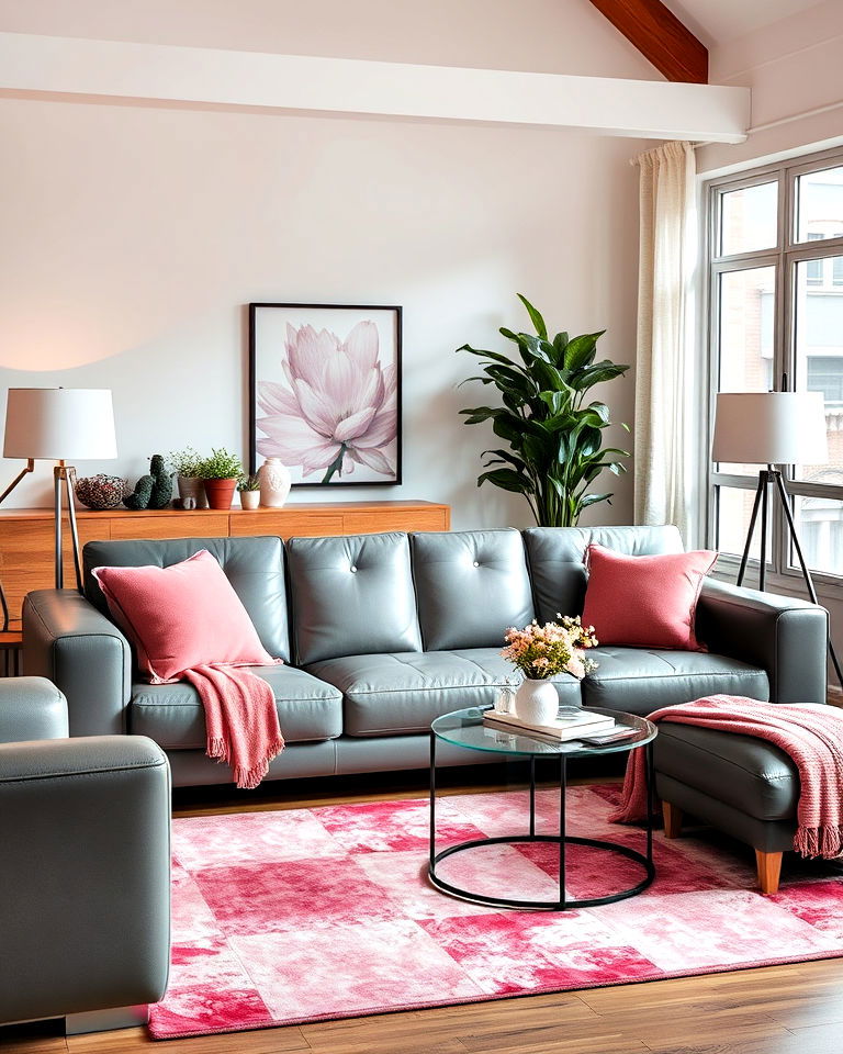 modern grey leather sofa and pink accessories - 25 Pink and Grey Living Room Ideas