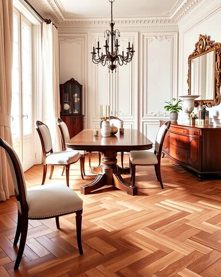 modern herringbone parquet flooring - 25 French Parisian Dining Room Ideas