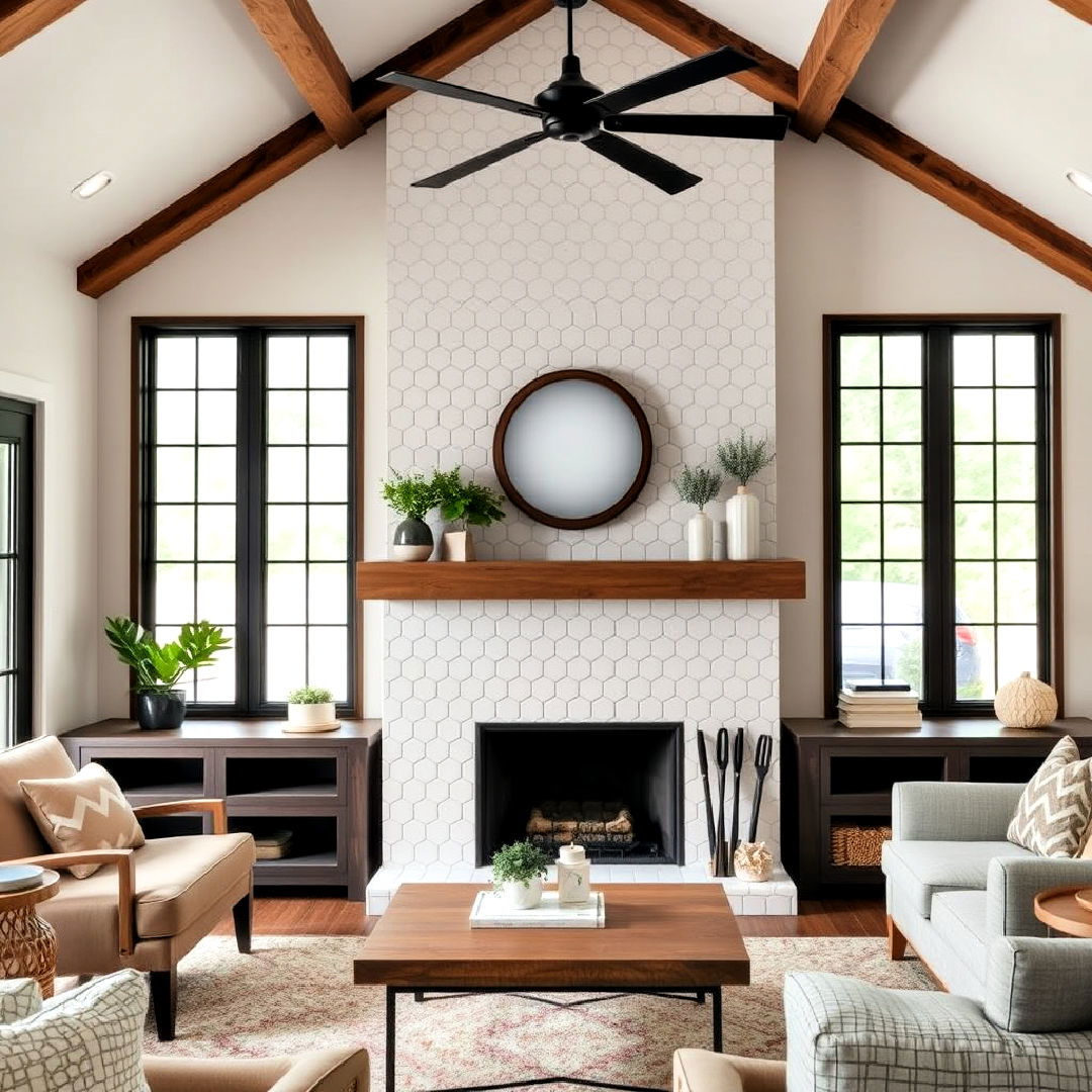 modern hexagon tiles for farmhouse fireplace - 30 Farmhouse Fireplace Tile Ideas