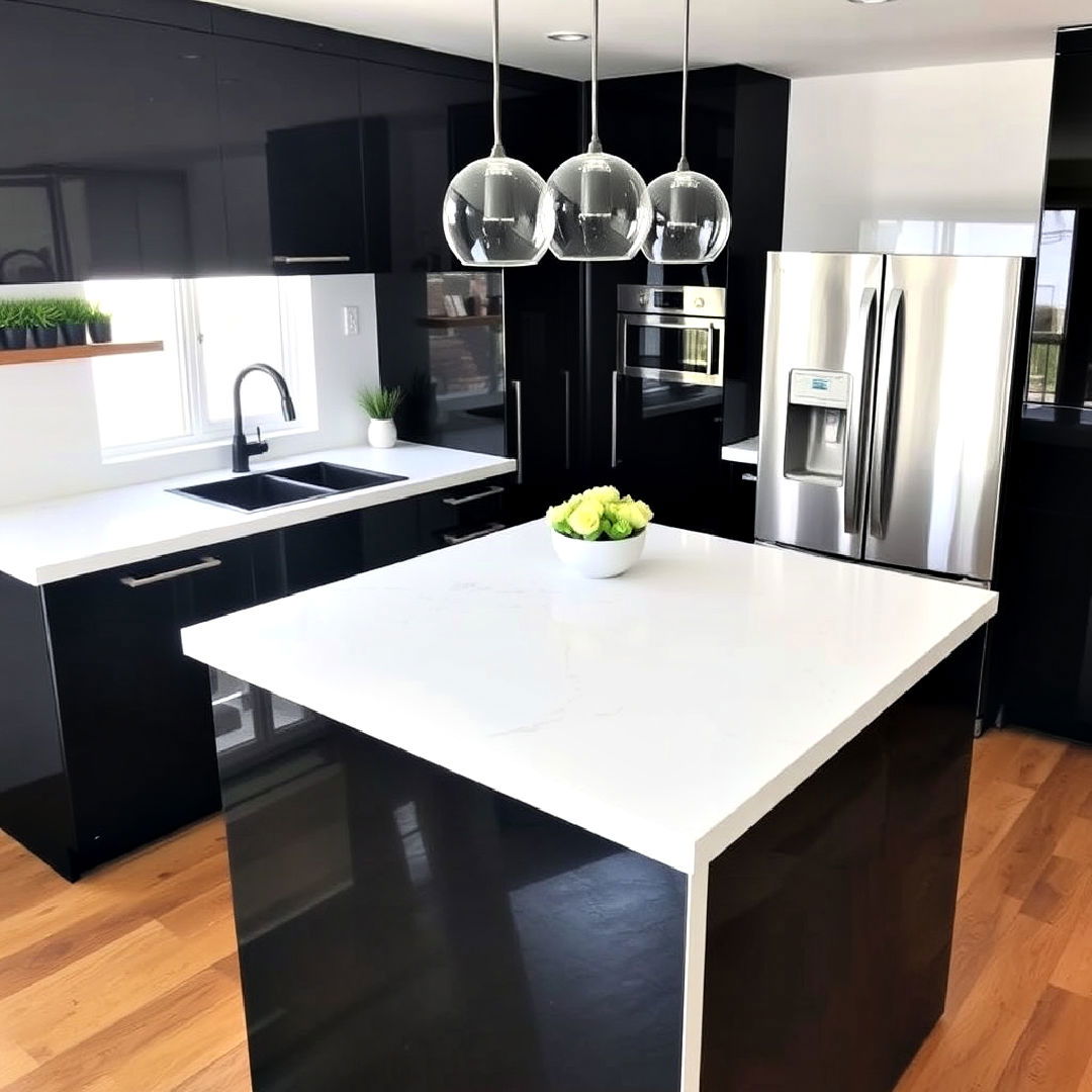 modern high gloss black cabinets with white concrete countertops - 15 Black Kitchen Cabinets With White Countertops