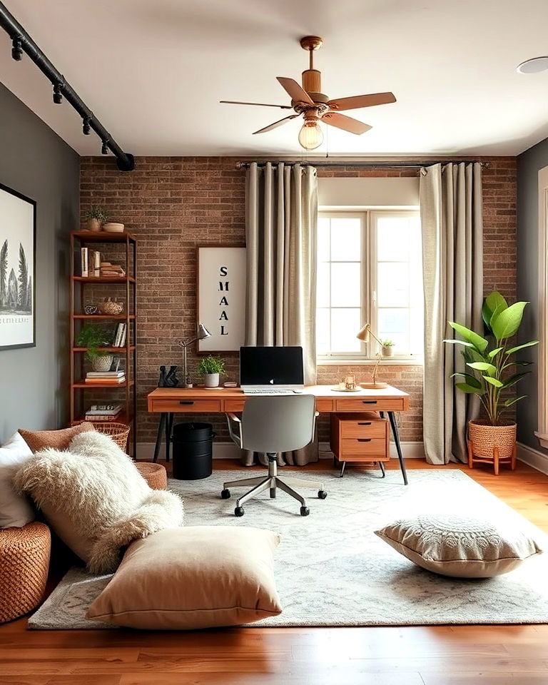 modern industrial lighting with soft accents - 25 Eclectic Home Office Ideas