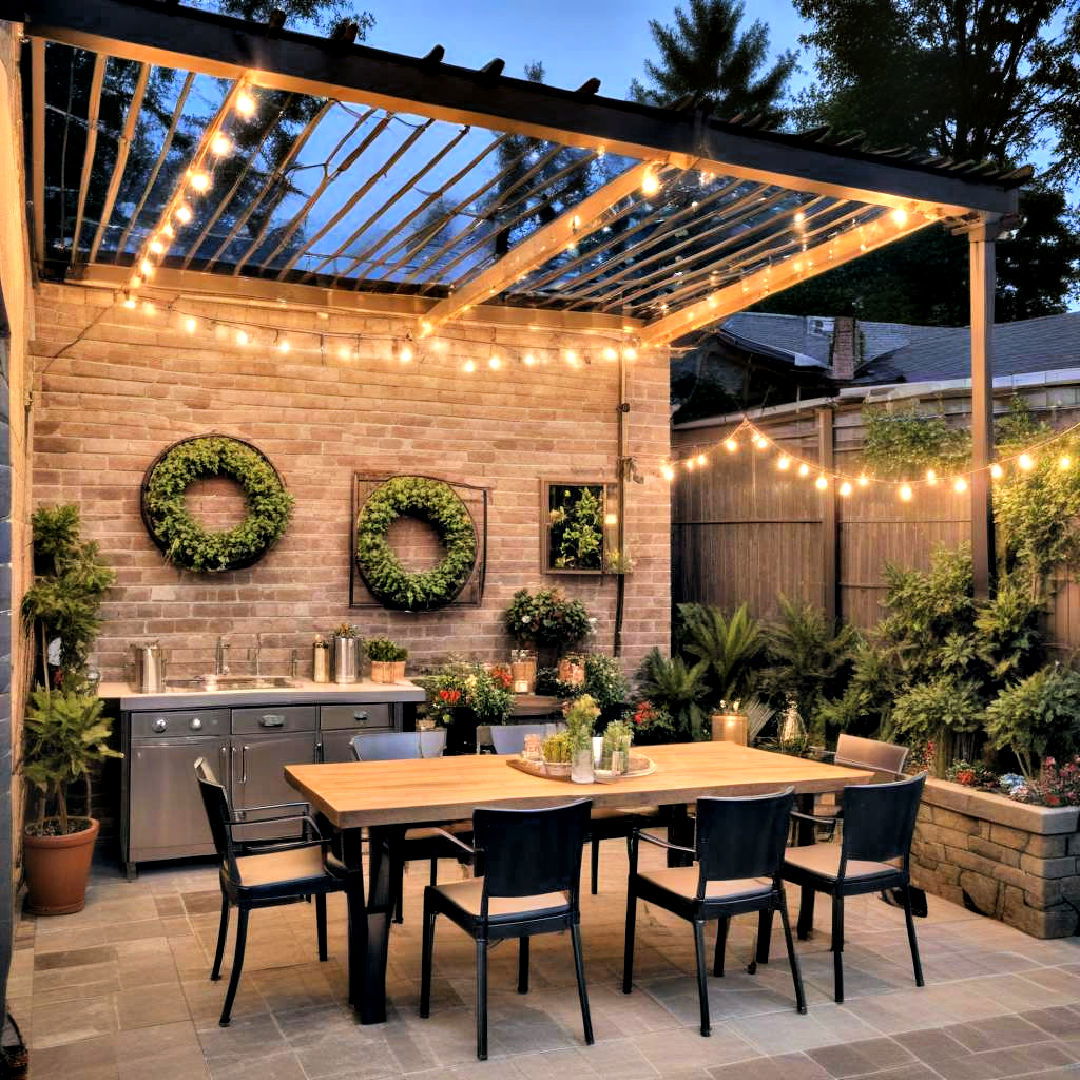 modern industrial pergola with string lights - 25 Covered Outdoor Kitchen Ideas