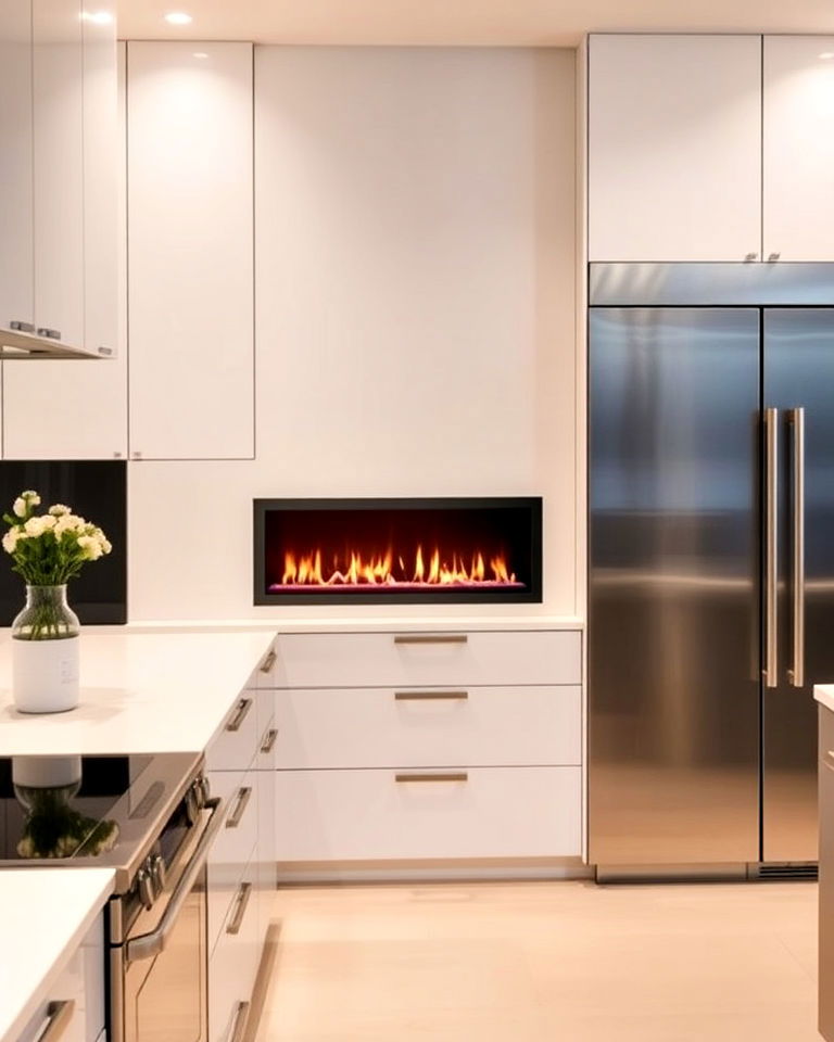 modern kitchen with sleek fireplace - 25 Kitchens With Fireplaces