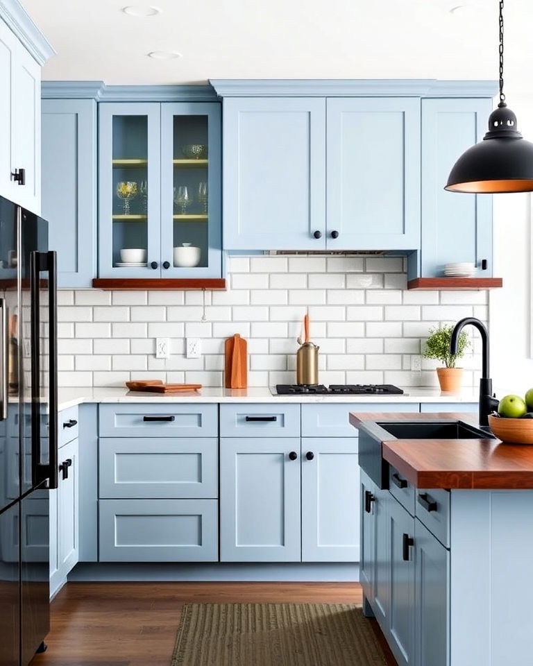 modern light blue cabinets with black hardware - 20 Light Blue Kitchen Cabinets Ideas