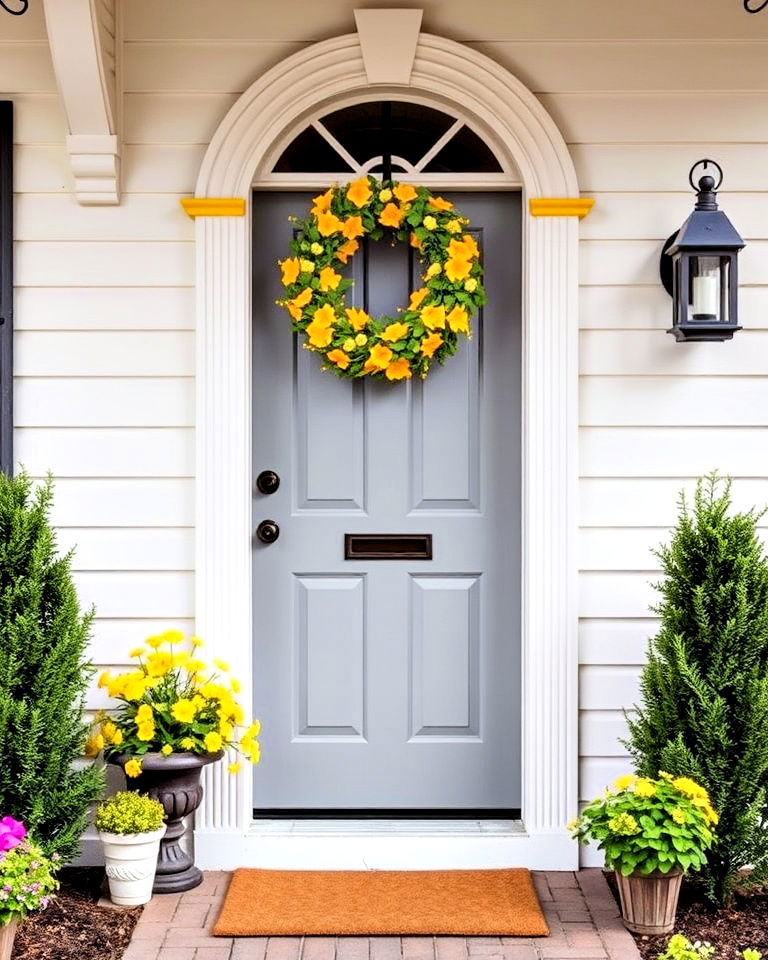 modern light grey door with a pop of color - 25 Grey Front Door Ideas