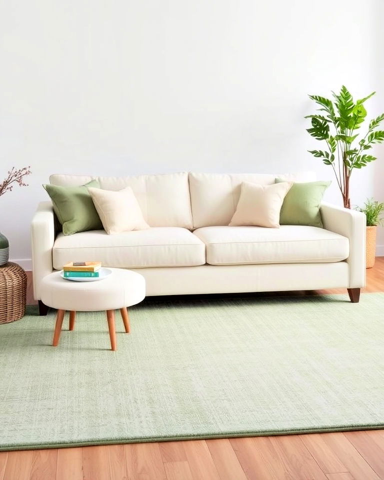 modern living room with cream sofa and sage area rug - 25 Sage Green and Cream Living Room Ideas