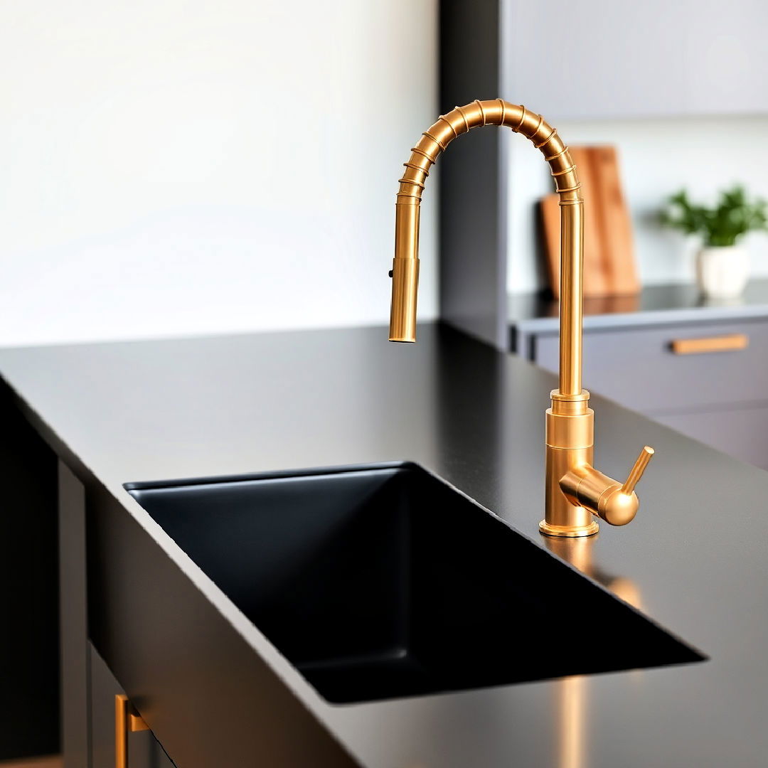 modern look black sink with gold faucet - 25 Black White and Gold Kitchen Ideas