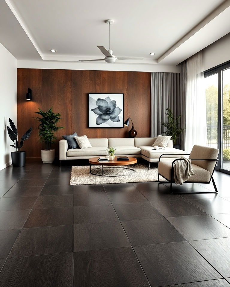 modern look dark brown tiles floor - 30 Dark Brown Floor Living Room Ideas