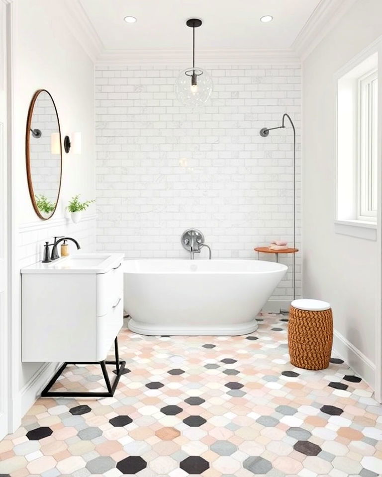 modern look geometric hexagon mosaic floor - 20 Bathroom Mosaic Floor Tile Ideas
