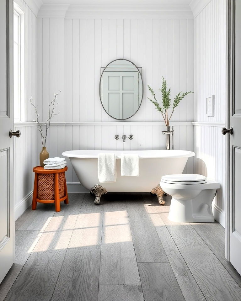 modern look grey toned wood bathroom floor - 25 Ideas for Wood Floors in Bathrooms