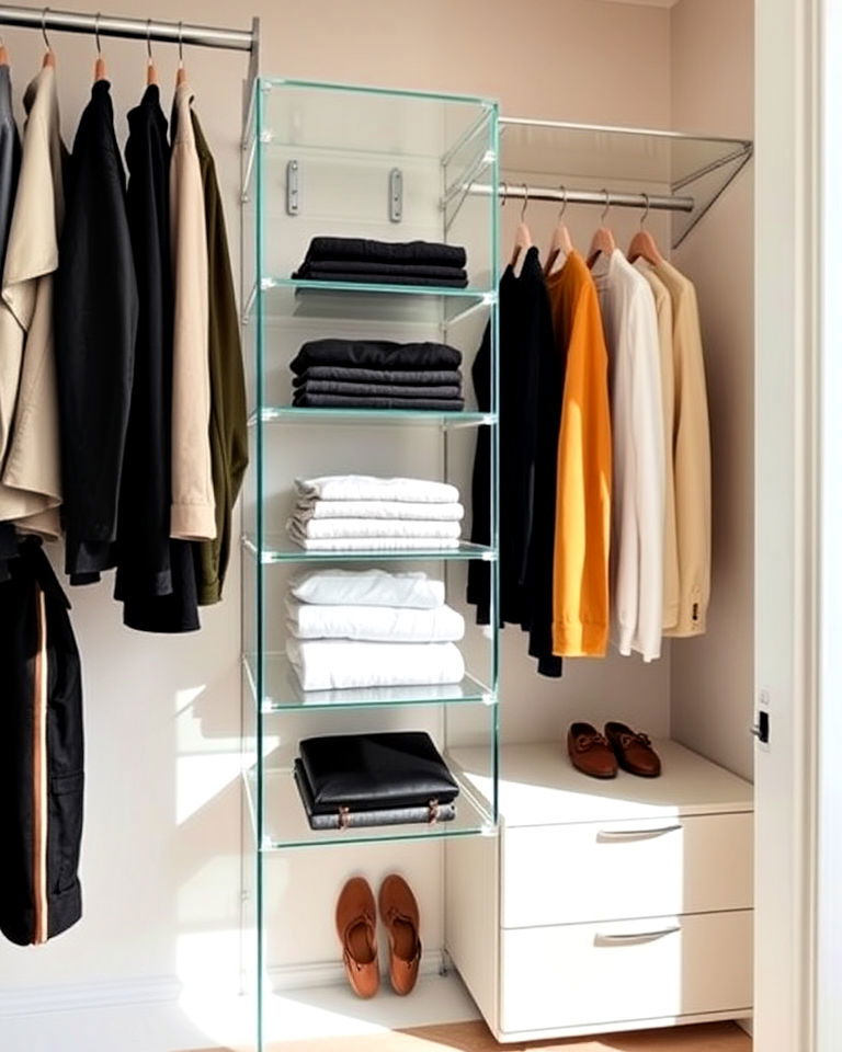 modern look open closet with acrylic shelves - 30 Open Closet Ideas