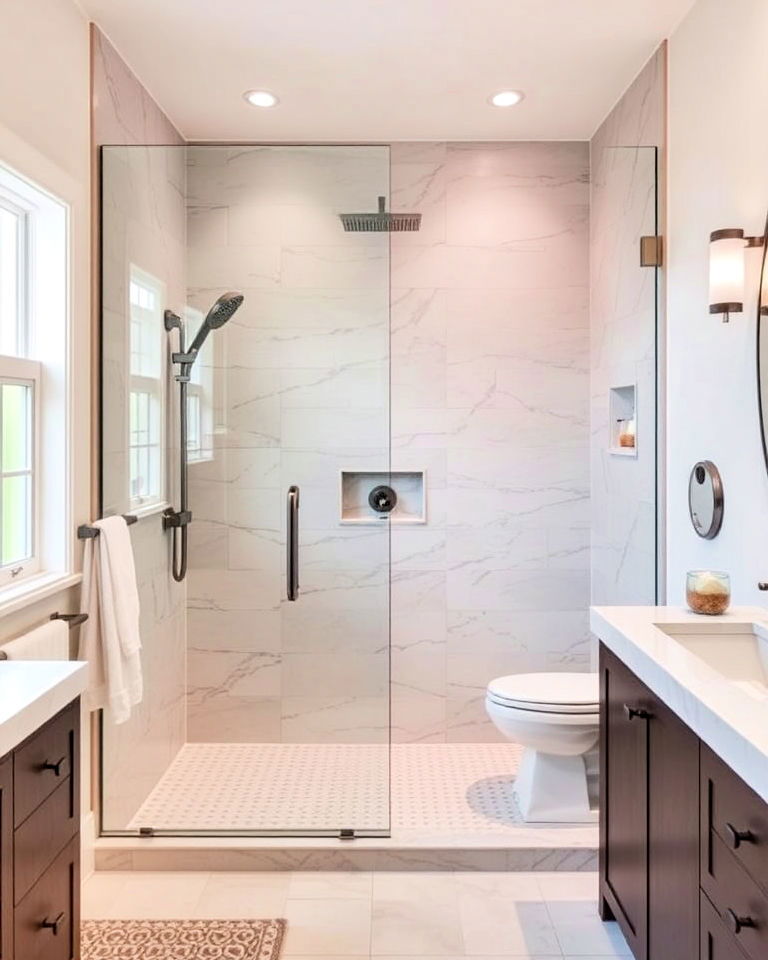 modern look open concept shower - 40 Primary Bathroom Ideas
