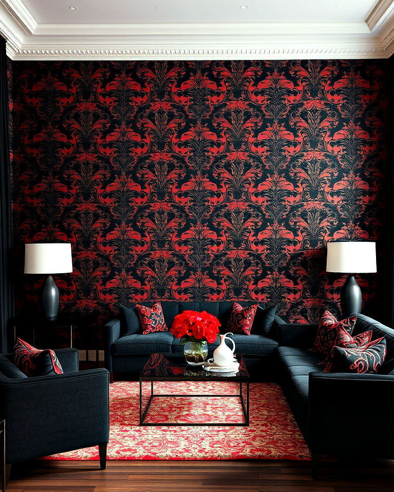 modern look red and black textured wallpaper - 25 Black and Red Living Room Ideas