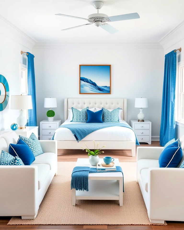 modern look white furniture with blue accents - 25 Blue and White Bedroom Ideas