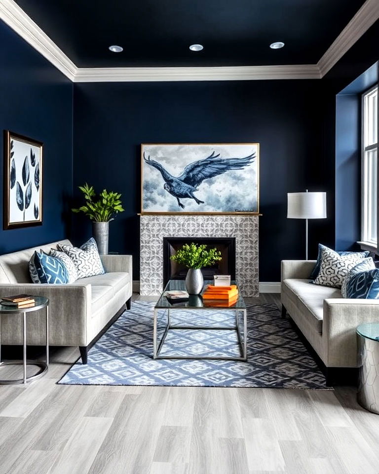 modern medium grey floors with navy blue walls - 20 Grey Floor Living Room With Blue Walls Ideas