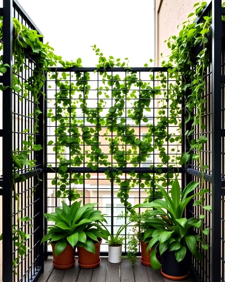 modern metal grilles with greenery - 20 Balcony Divider Ideas