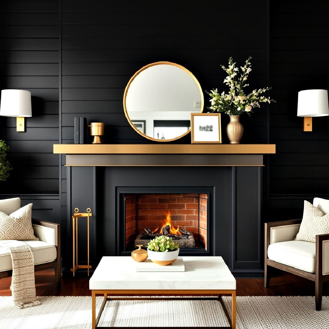 modern metallic accents - 40 Black Shiplap Fireplace Ideas