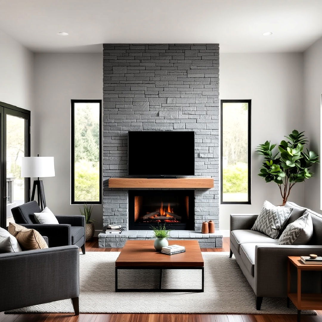 modern minimalism with gray stacked stone fireplace - 25 Stacked Stone Fireplace Ideas
