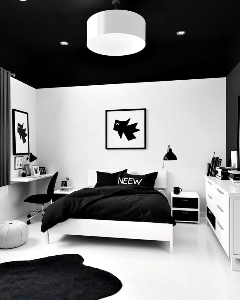 modern minimalist black and white bedroom - 40 Teenage Boy Bedroom Ideas