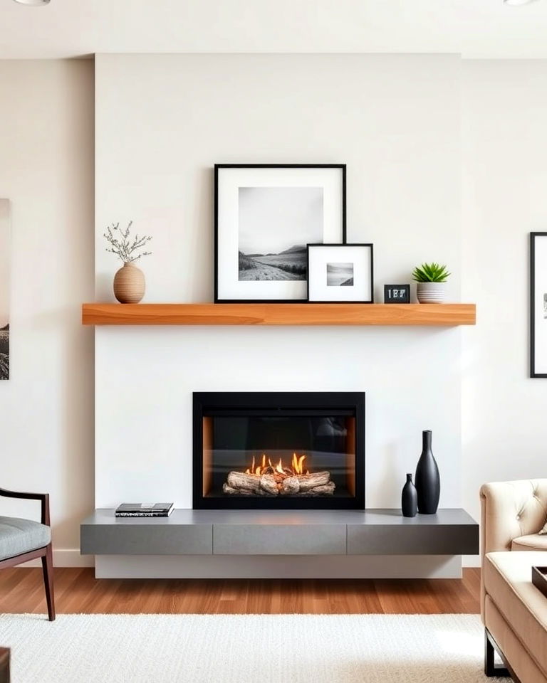 modern minimalist floating wood mantel - 20 Wood Fireplace Mantel Ideas