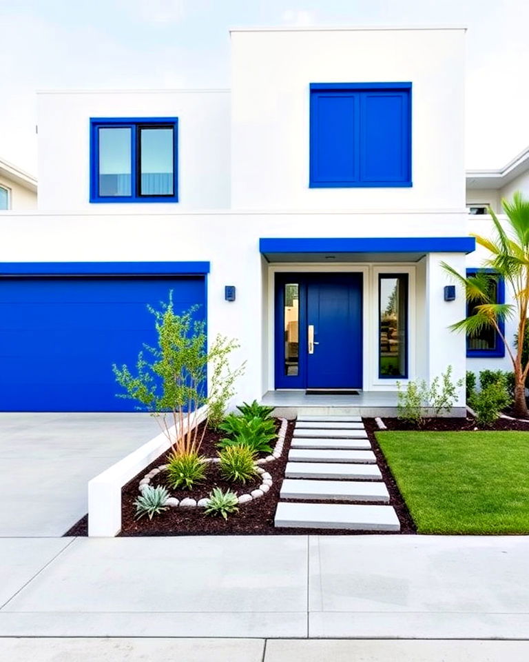 modern minimalist white facade and bold blue trim - 20 White House With Blue Trim Design Ideas