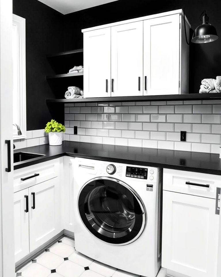 modern monochrome laundry room - 15 Black and White Laundry Room Ideas