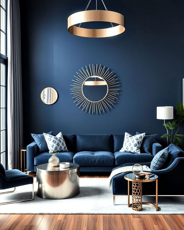 modern navy blue and silver accents - 25 Navy Blue Living Room Ideas