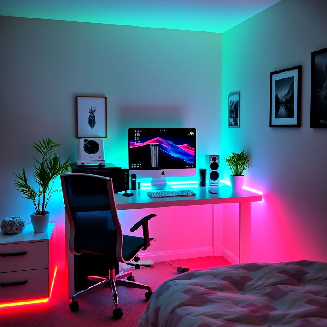 modern neon desk setup - 30 Neon Bedroom Ideas
