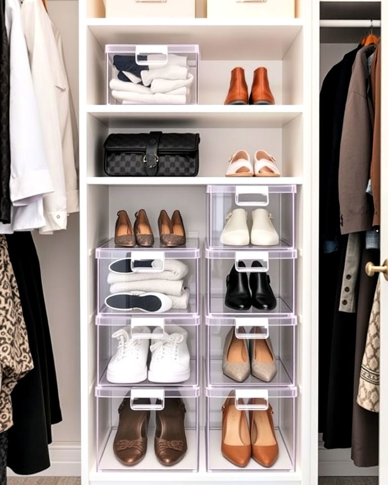 modern open closet with clear acrylic boxes - 30 Open Closet Ideas