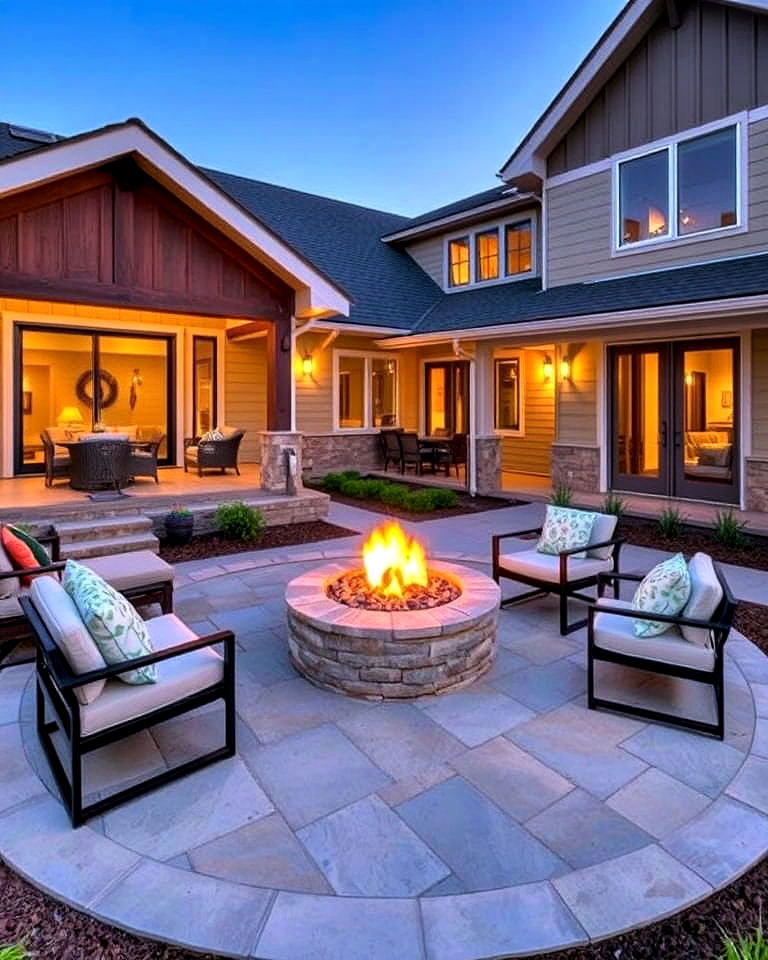 modern outdoor fire pit area - 30 Transitional Home Exterior Ideas