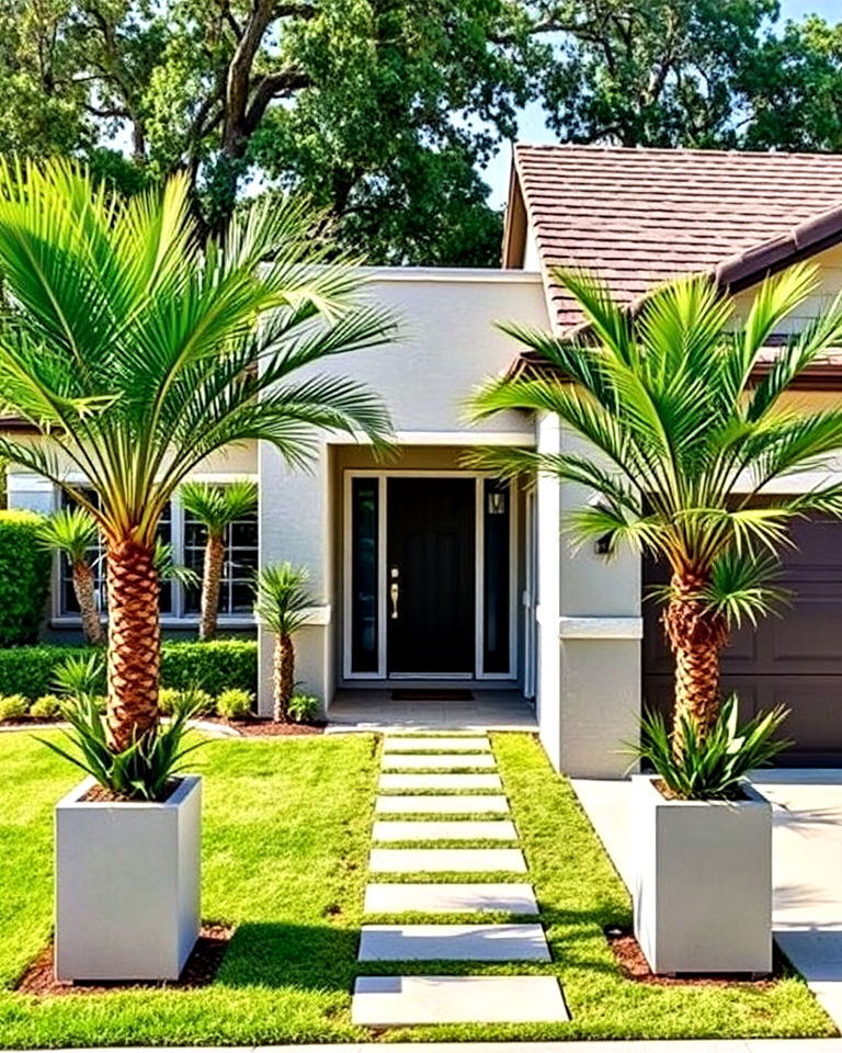 modern palm planters for front yard - 30 Front Yard Palm Tree Landscape Design Ideas