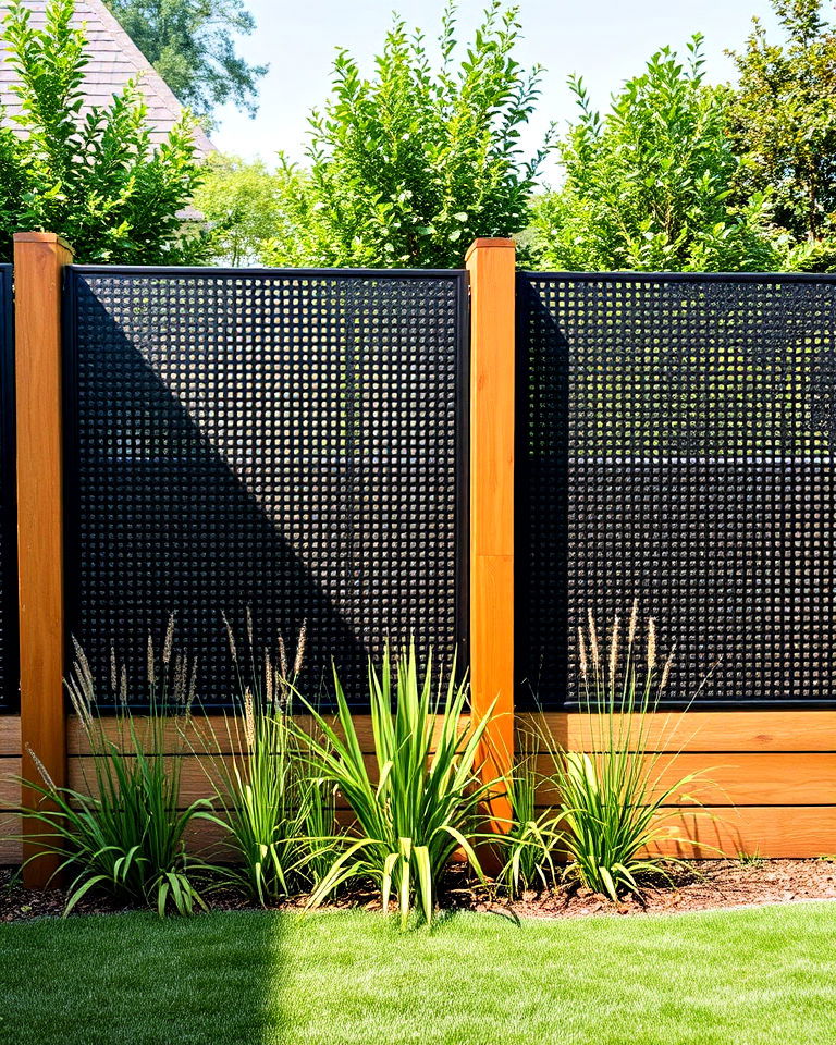 modern perforated metal with wooden posts - 25 Metal and Wood Fence
