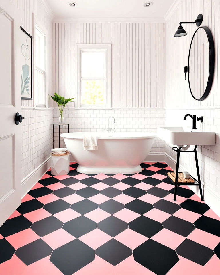 modern pink and black geometric bathroom flooring - 25 Pink and Black Bathroom Ideas
