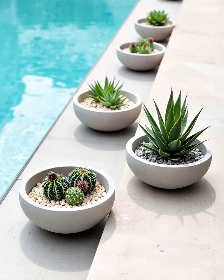 modern pool with concrete bowl planters - 30 Pool Planter Ideas