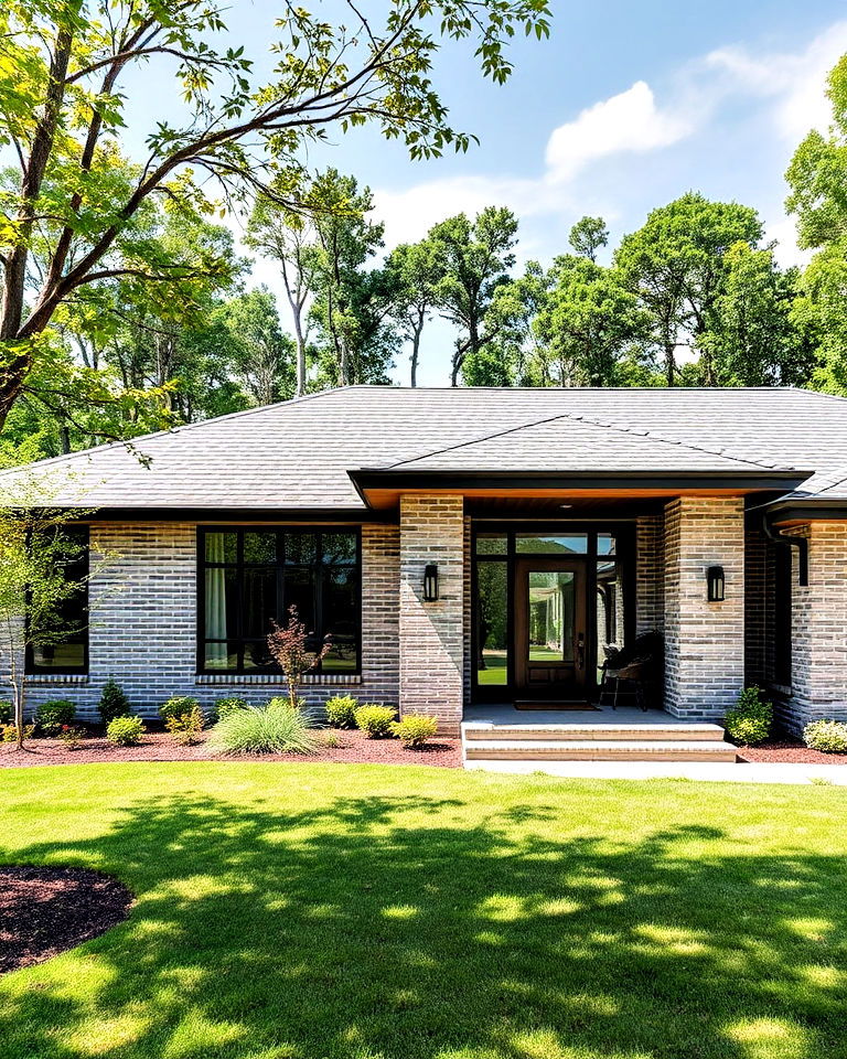 modern ranch style gray brick exterior with low rooflines - 30 Gray Brick Exterior Home Ideas