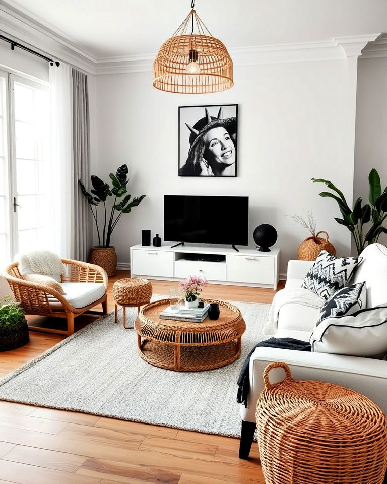 modern rattan accents for boho living room - 20 Black and White Boho Living Room Ideas