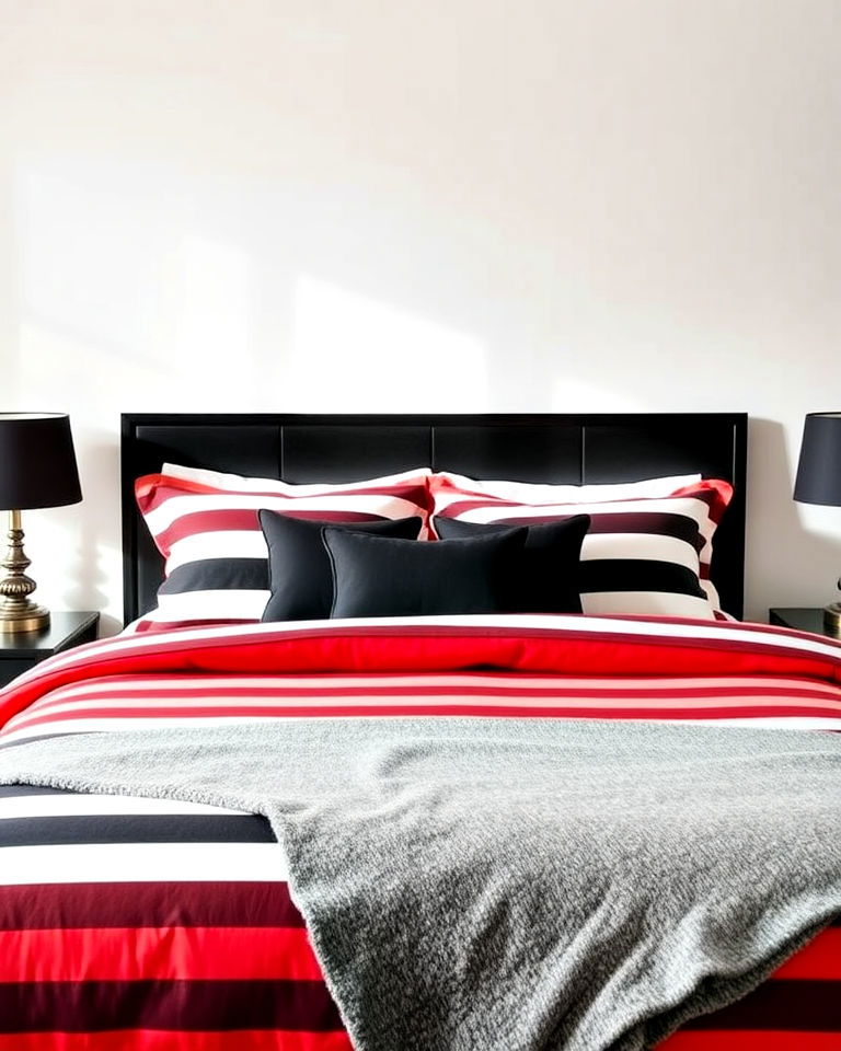 modern red and black striped bedding - 25 Red and Black Bedroom Ideas