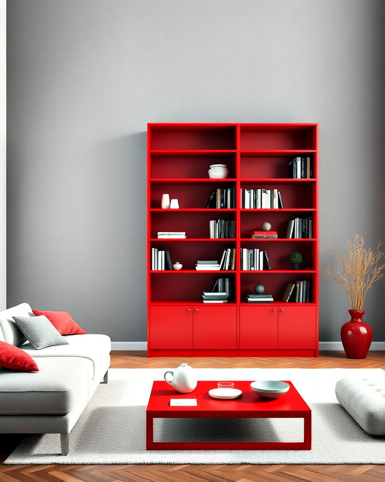 modern red bookcase against grey wall - 25 Red and Grey Living Room Ideas
