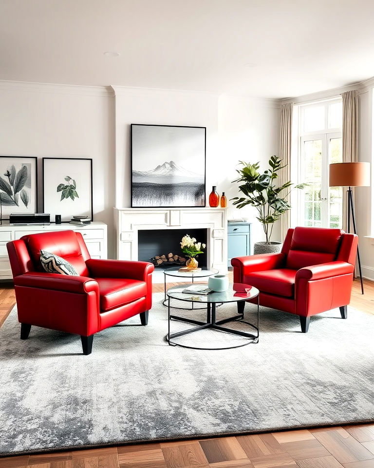 modern red leather armchairs and grey rug - 25 Red and Grey Living Room Ideas