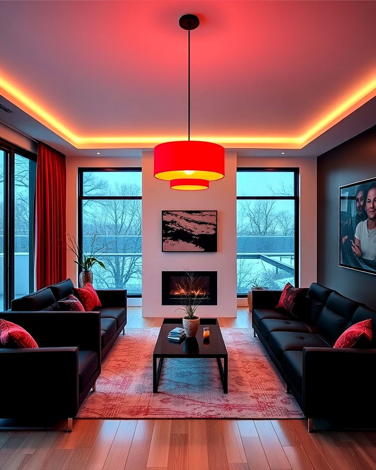 modern red pendant lighting with black furniture - 25 Black and Red Living Room Ideas