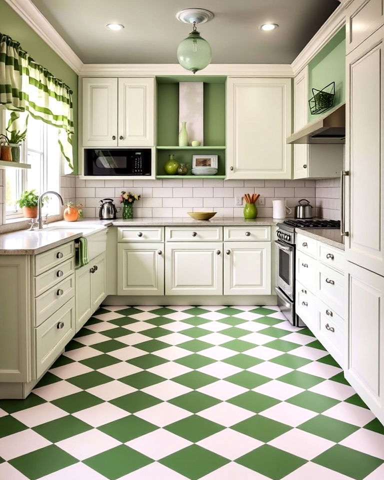 modern sage green and white checkerboard floor - 25 Sage Green and White Kitchen Ideas