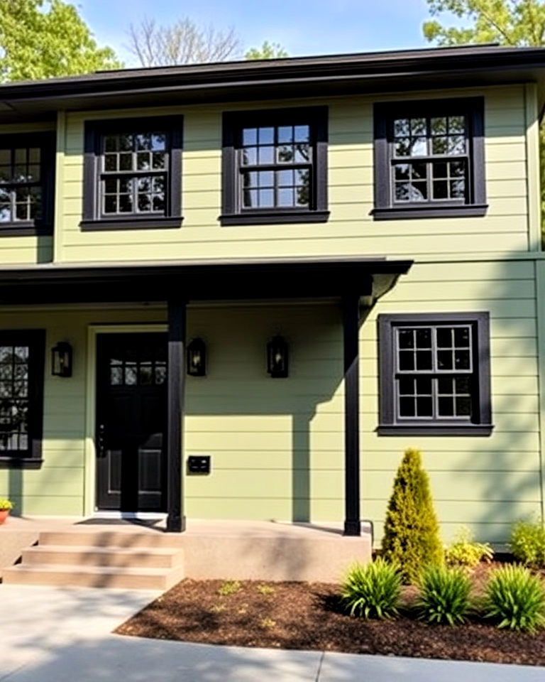 modern sage green exterior with black trim - 30 Sage Green House Exterior Ideas