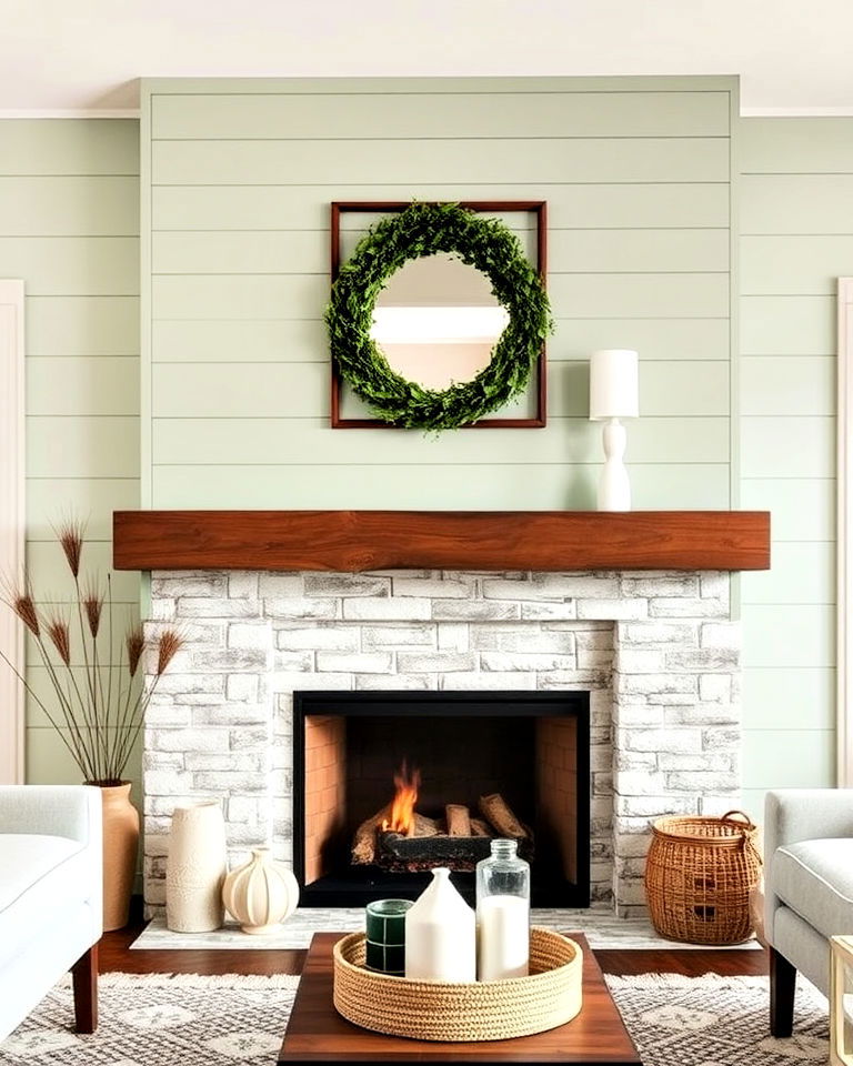 modern sage green shiplap fireplace surround - 15 Sage Green Fireplace Ideas