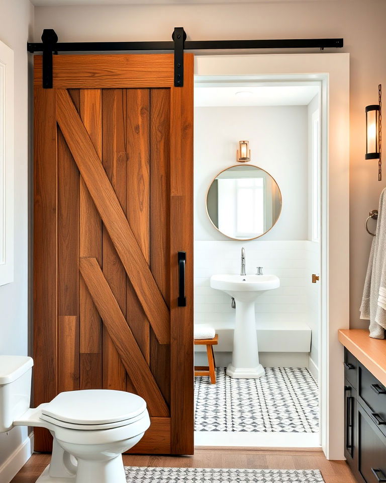 modern sliding barn door - 30 Transitional Bathroom Ideas