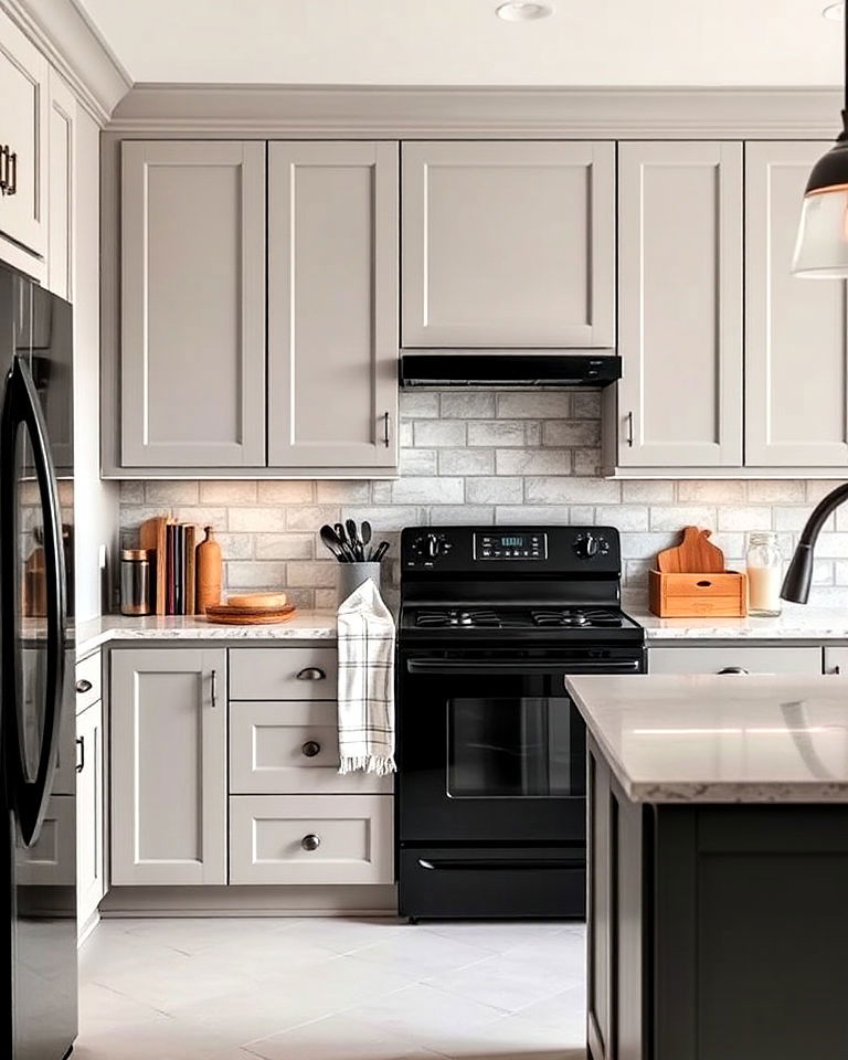 modern soft gray cabinets for a subtle look - 20 What Color Cabinets Go With Black Appliances