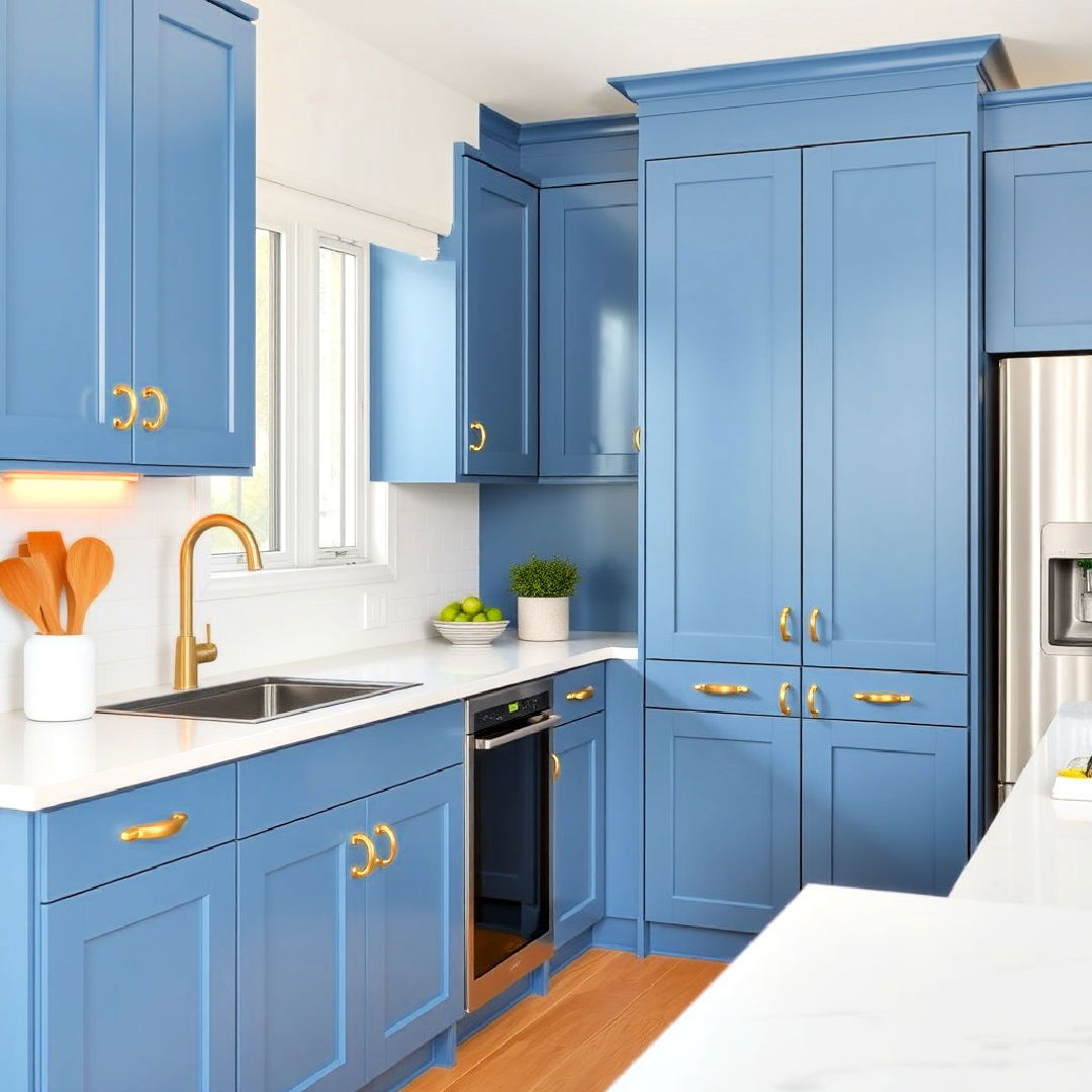 modern steel blue cabinets with satin gold d ring pulls - 30 Blue Kitchen Cabinets With Gold Hardware