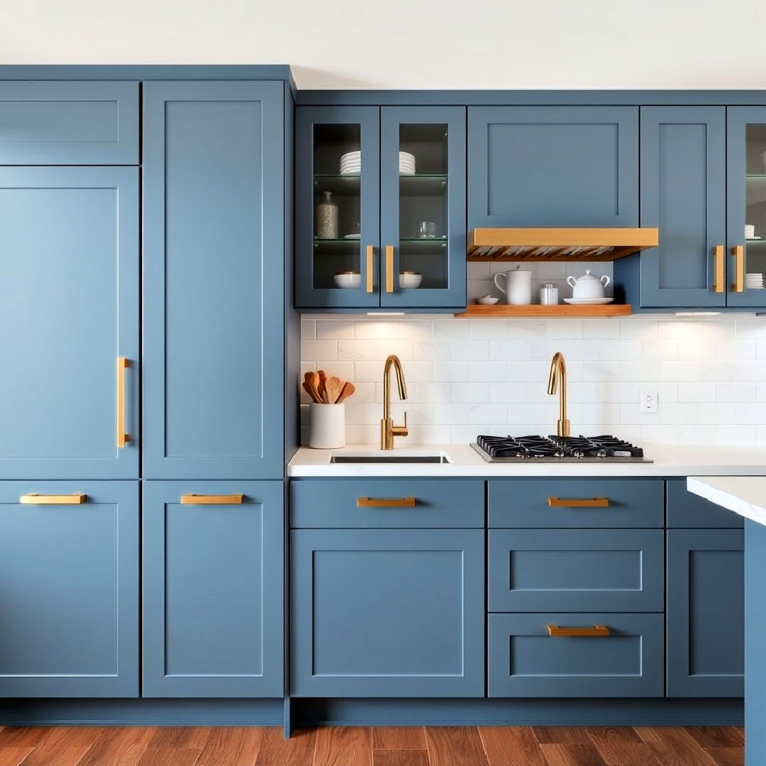 modern steel blue cabinets with sleek gold linear pulls - 30 Blue Kitchen Cabinets With Gold Hardware