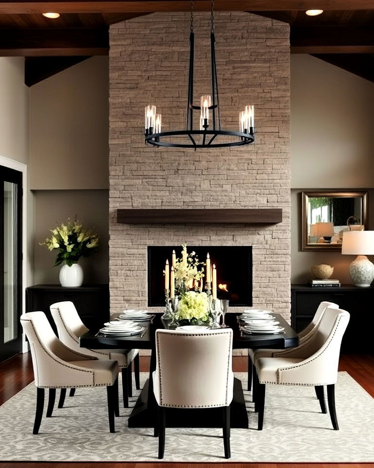 modern stone fireplace in transitional dining room - 30 Dining Rooms With Fireplaces