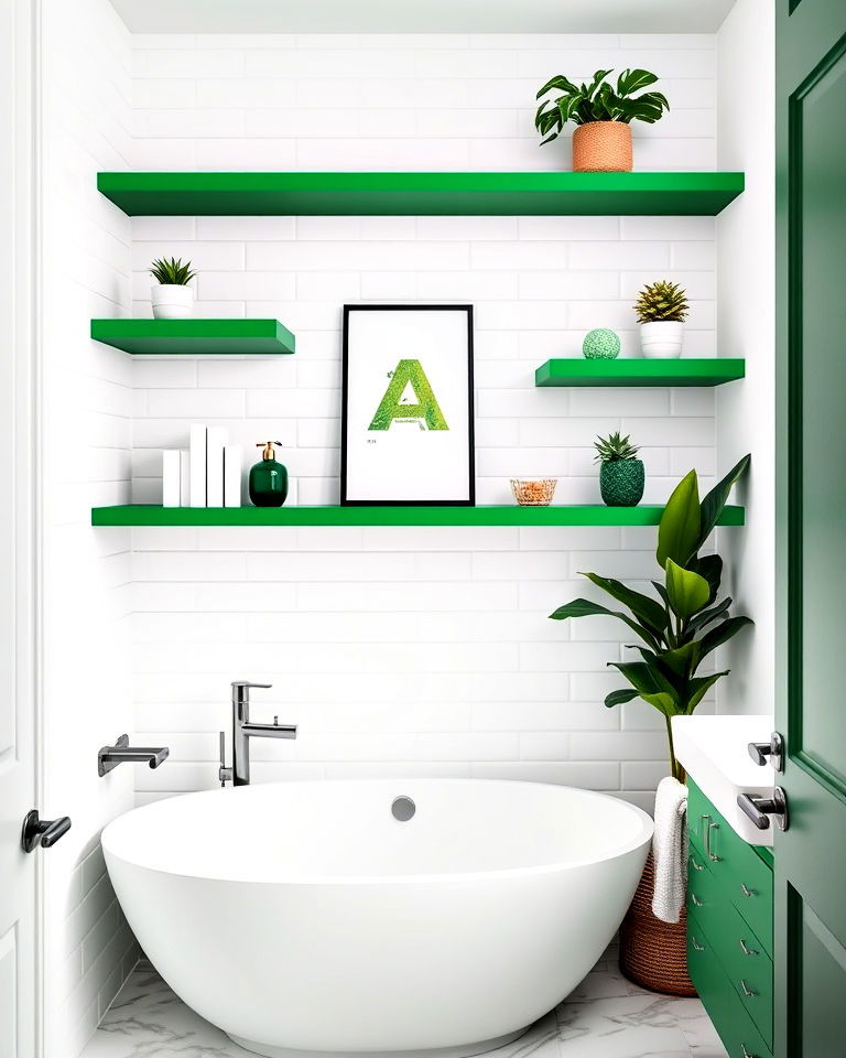 modern style green floating shelves - 20 Small Green Bathroom Ideas